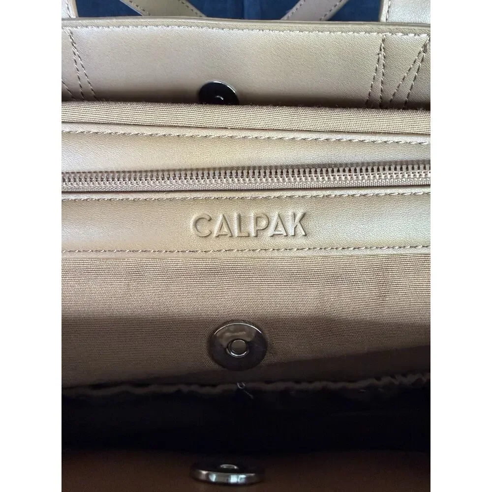 Calpak Haven Laptop Tote Bag Tan Camel Faux Leather Work Commuter w/ Insert